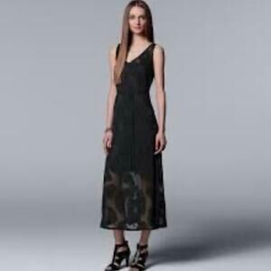 Simply Vera Wang Black Palm Jacquard Maxi Dress Burnout Sheer Overlay XL